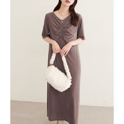 【natural couture】フロントギャザーベロア5分袖ワンピース （BK）｜詳細画像