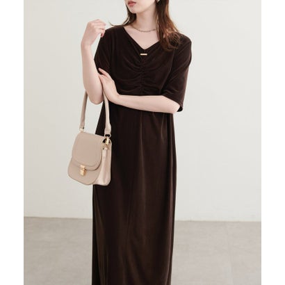【natural couture】フロントギャザーベロア5分袖ワンピース （BK）｜詳細画像