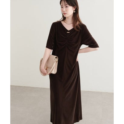 【natural couture】フロントギャザーベロア5分袖ワンピース （BK）｜詳細画像