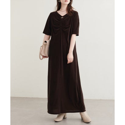 【natural couture】フロントギャザーベロア5分袖ワンピース （BK）｜詳細画像