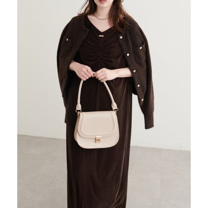 【natural couture】フロントギャザーベロア5分袖ワンピース （BK）｜詳細画像