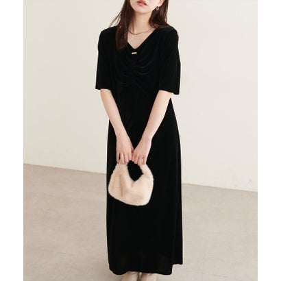 【natural couture】フロントギャザーベロア5分袖ワンピース （BK）｜詳細画像