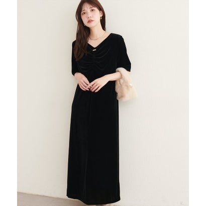 【natural couture】フロントギャザーベロア5分袖ワンピース （BK）｜詳細画像