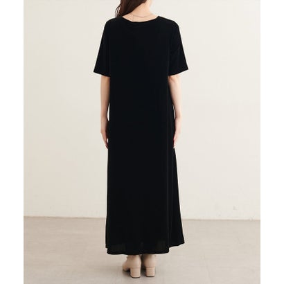 【natural couture】フロントギャザーベロア5分袖ワンピース （BK）｜詳細画像