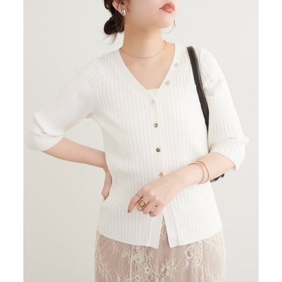 【natural couture】うす金釦ぴたリブニットカーディガン （BK）｜詳細画像