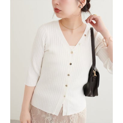 【natural couture】うす金釦ぴたリブニットカーディガン （BK）｜詳細画像