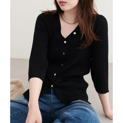 【natural couture】うす金釦ぴたリブニットカーディガン （BK）｜詳細画像