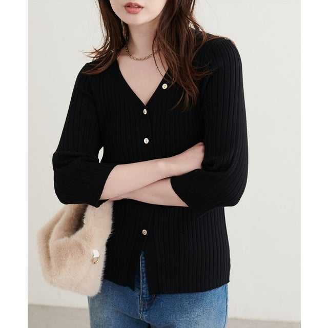 【natural couture】うす金釦ぴたリブニットカーディガン （BK）