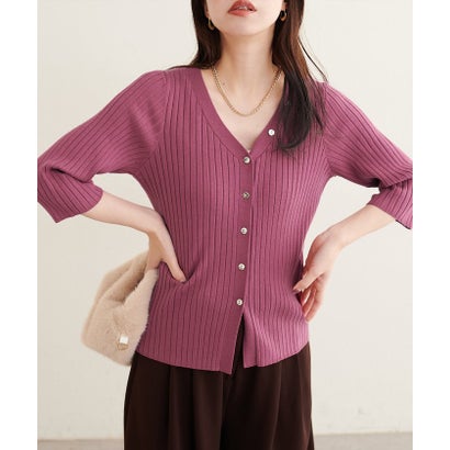 【natural couture】うす金釦ぴたリブニットカーディガン （PK）｜詳細画像