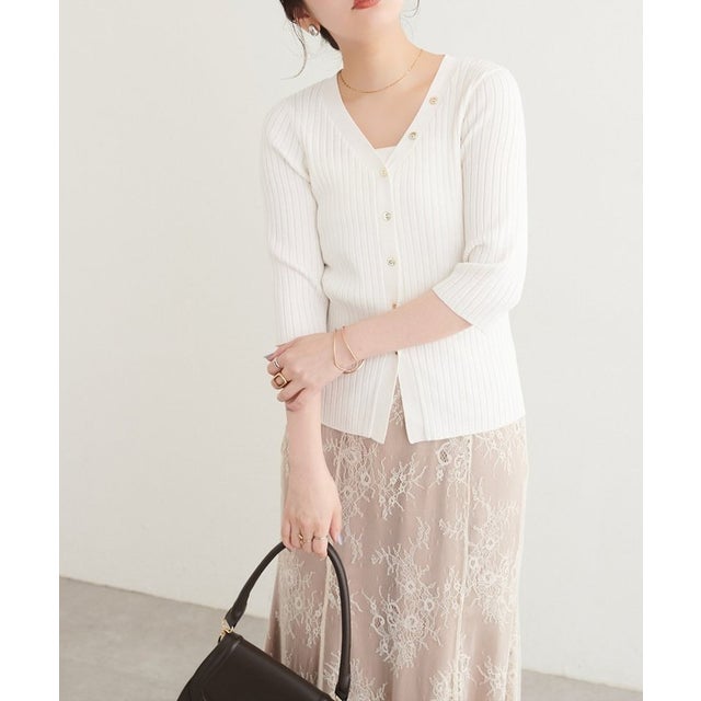 【natural couture】うす金釦ぴたリブニットカーディガン （OFF）