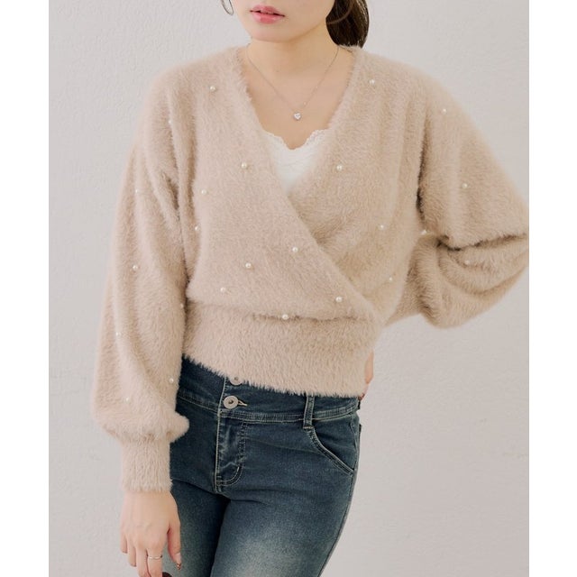 【ANOTHER BRANCH】パール付フェザーカシュクールニット （beige）