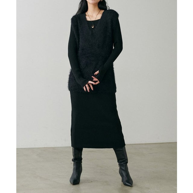 【natural couture】選べるリブニットワンピ×フェザーベストセット （ORC）