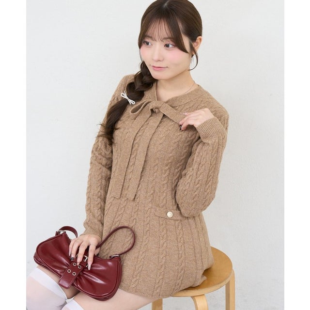 【ANOTHER BRANCH】ケーブルニットリボンミニワンピース （beige）