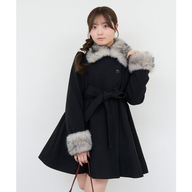 【ANOTHER BRANCH】2WAYフェイクファー付フレアミドルコート （black）