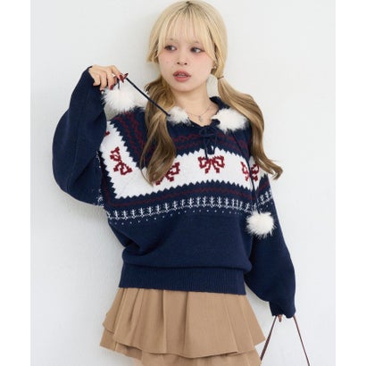 【ANOTHER BRANCH】リボンジャガードニットパーカー （navy）｜詳細画像