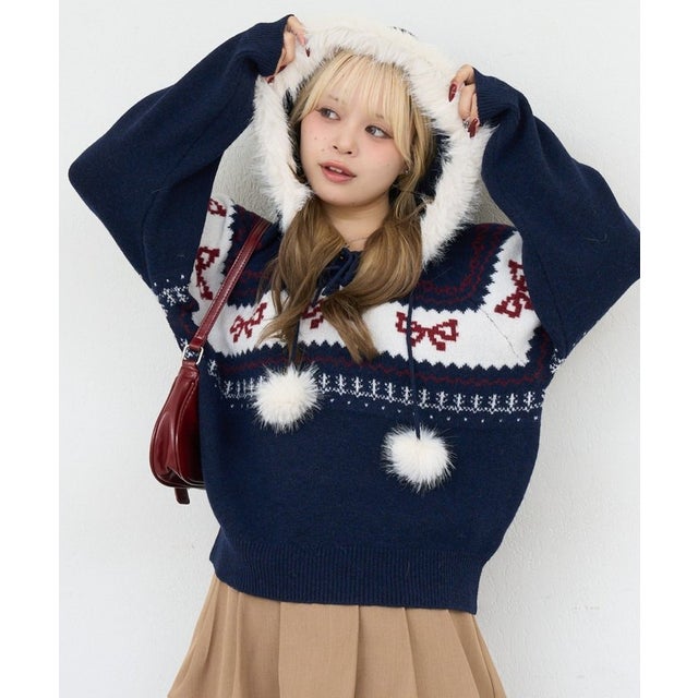 【ANOTHER BRANCH】リボンジャガードニットパーカー （navy）