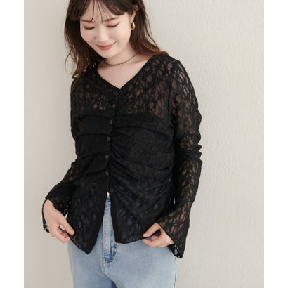 ナイスクラップ NICE CLAUP 【natural couture】フロントタックデザインレースカーディガン （BK）｜詳細画像