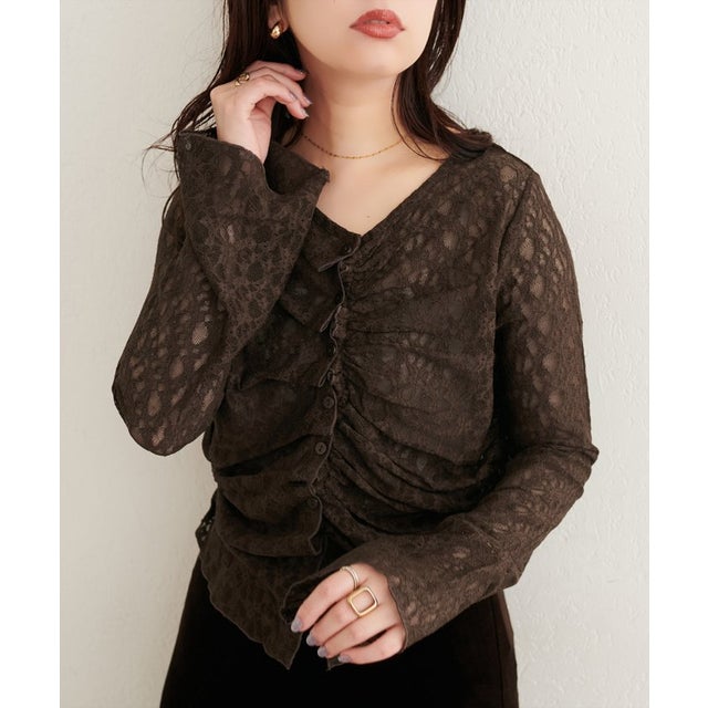【natural couture】フロントタックデザインレースカーディガン （BR）