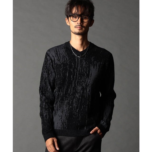 バーク風ジャカード Vネックプルオーバーニット （49ブラック）