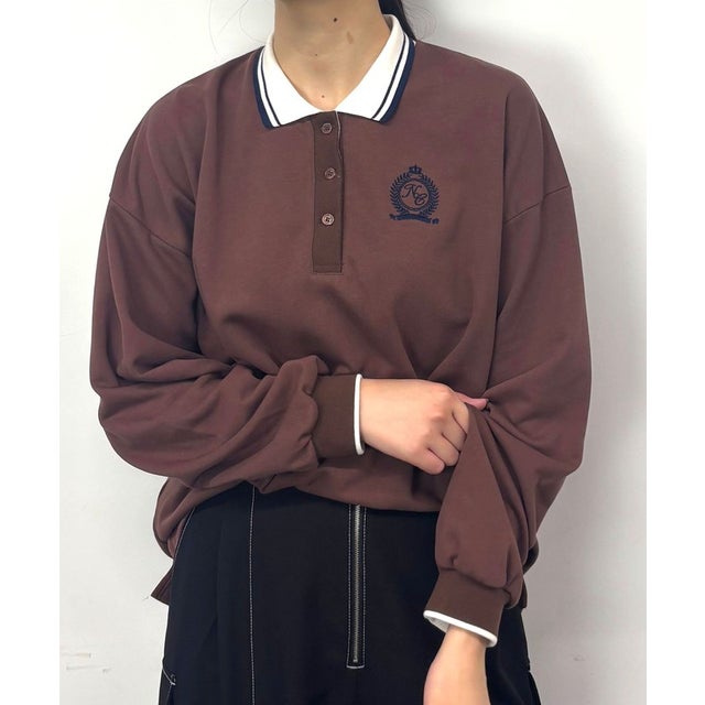 衿配色ロングポロシャツ （13ブラウン）