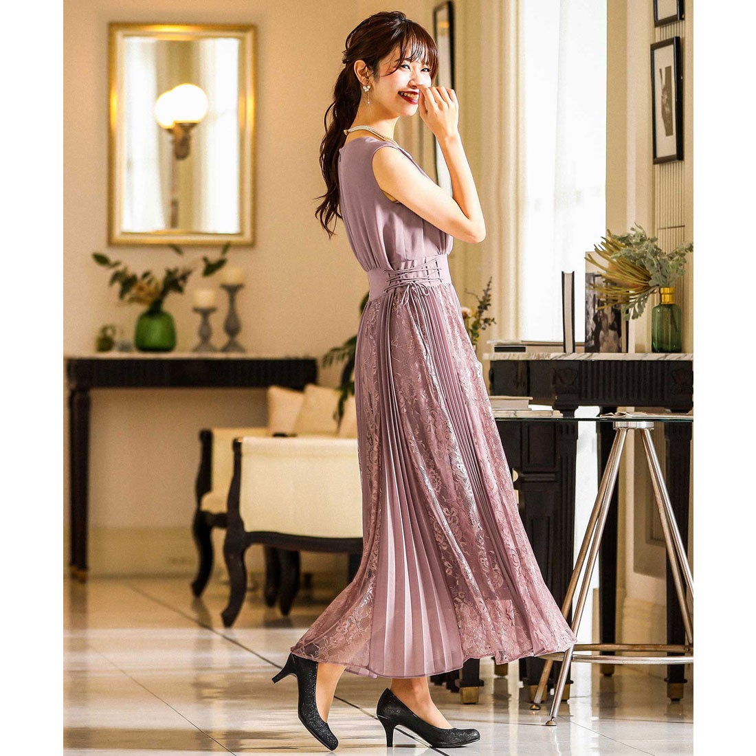 niana レースプリーツロングワンピース ドレス ラベンダー L オケージョン ニアナ niana レース×プリーツスカート切り替え 結婚式ワンピース