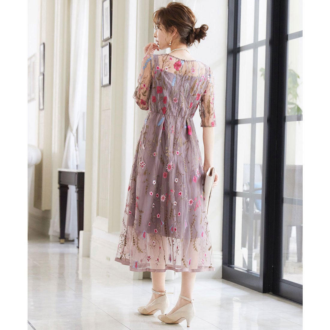 ニアナ niana ヴィンテージ風フラワー刺繍ドレス 結婚式ワンピース （ピンク） （ピンク）