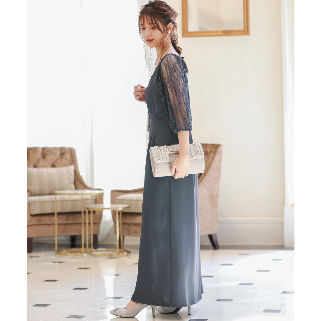ニアナ niana 結婚式 ワンピース パーティードレス サテン バック 