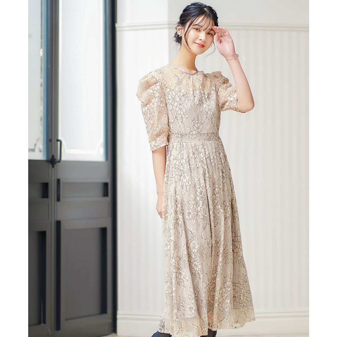 ニアナ niana 総レースパフスリーブバイカラーパーティードレス