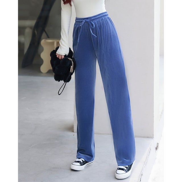脚長美脚パンツ コーデュロイワイドパンツ 体型カバー 韓国 韓国ファッション ウエストゴム ハイウエスト M/L （BL）