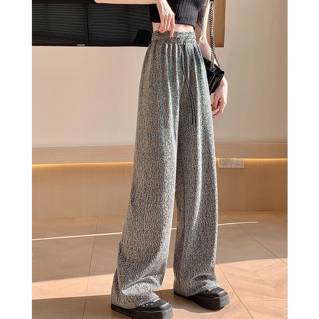 
                    360度きらめく着映え!ラインストーン涼感ワイドパンツ 韓国ファッション ハイウエスト ウエストゴム カジュアルパンツ イージーパンツ 美脚 脚長 着やせ 10代 20代 体型カバー 低身長 （グレー）