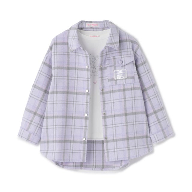 シャギーチェックシャツ＆長袖Tシャツセット （ラベンダー）