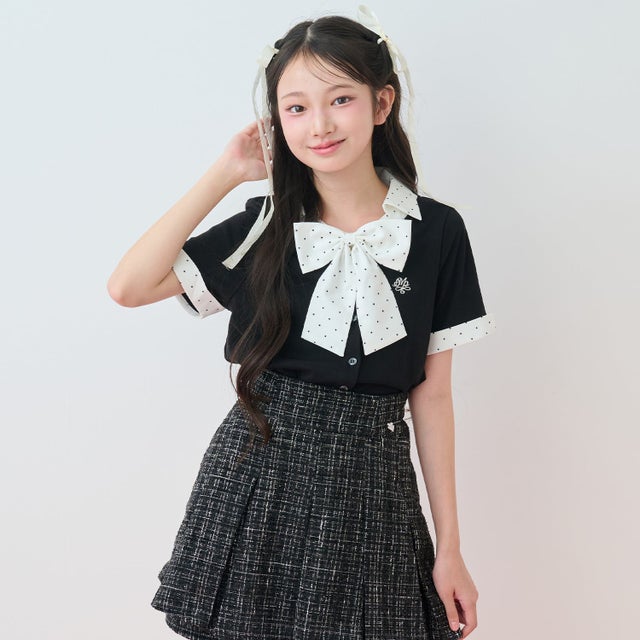 【接触冷感】ボウタイつきドッキングレイヤードTシャツ （黒）
