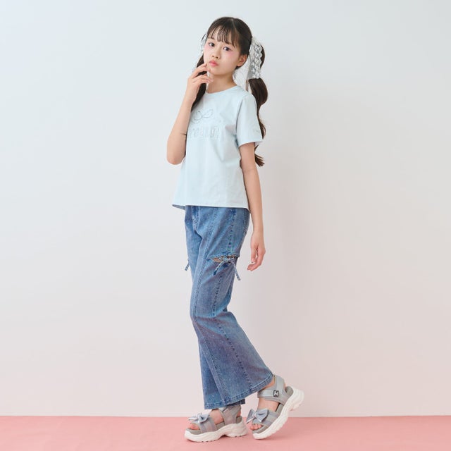 【接触冷感】サイドスリットキラキラフレアデニムパンツ （ブルー）