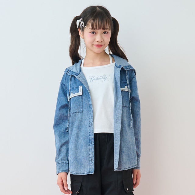 フードシャツ×ラインストーンロゴ長袖Tシャツセット （ブルー）