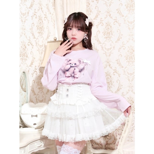 くまプリントレースロングTシャツ （ピンク）