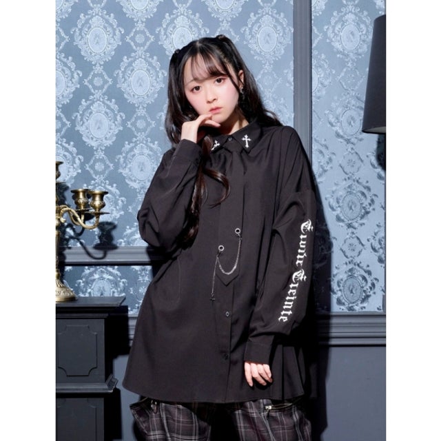 ネクタイ付きヘムユニセックスシャツ （黒）