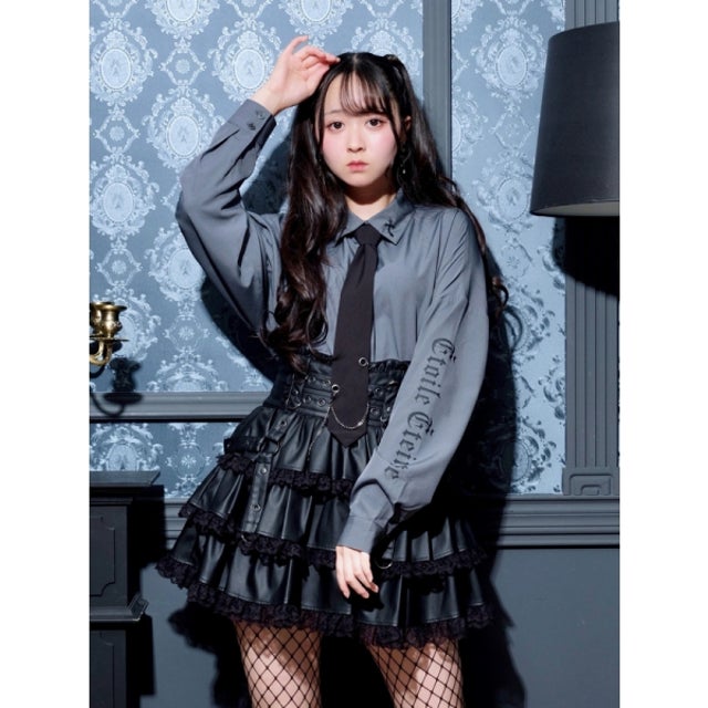 ネクタイ付きヘムユニセックスシャツ （濃グレー）