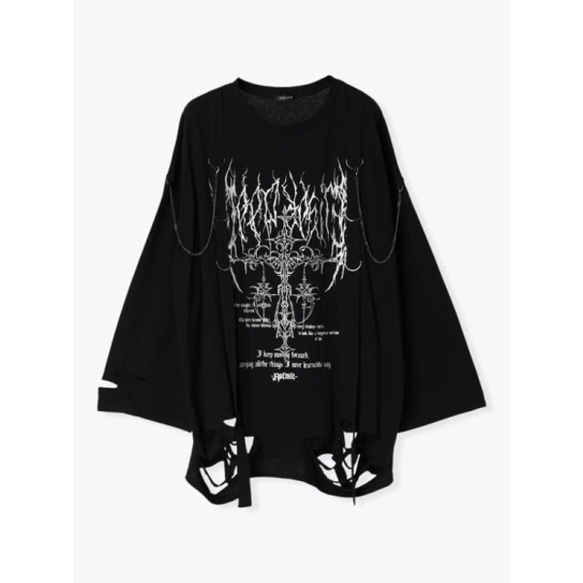 チェーン付きクロスダメージユニセックスTシャツ （黒）