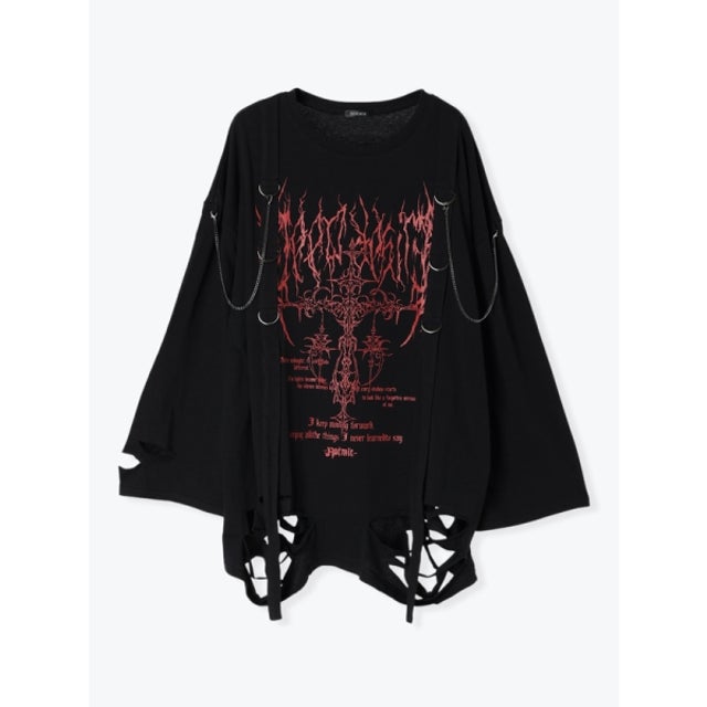 チェーン付きクロスダメージユニセックスTシャツ （赤）