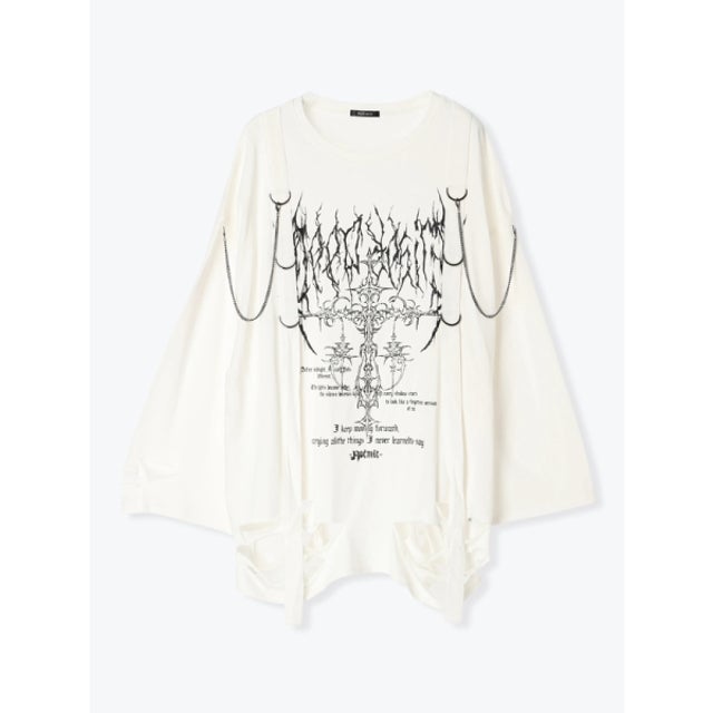 チェーン付きクロスダメージユニセックスTシャツ （オフホワイト）