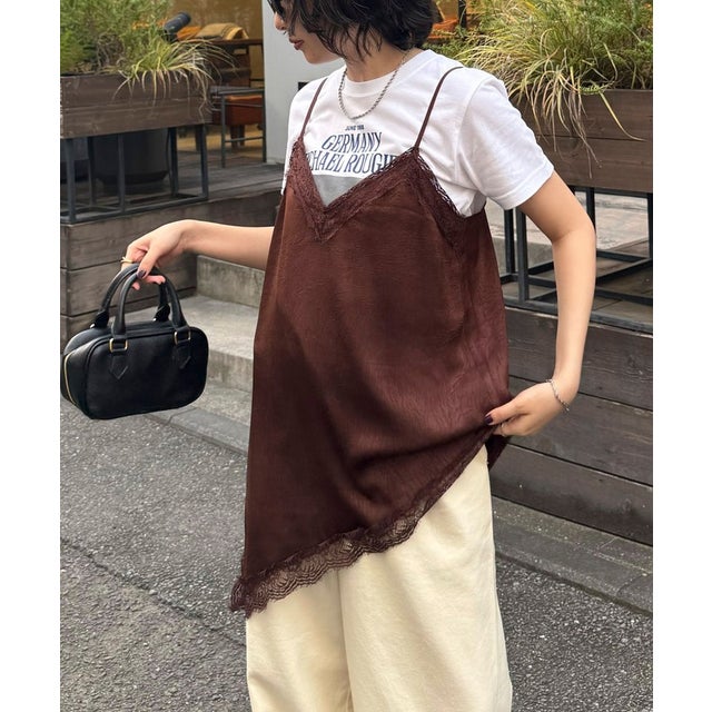 サテンレースアシメカットキャミOP （ダークブラウン）