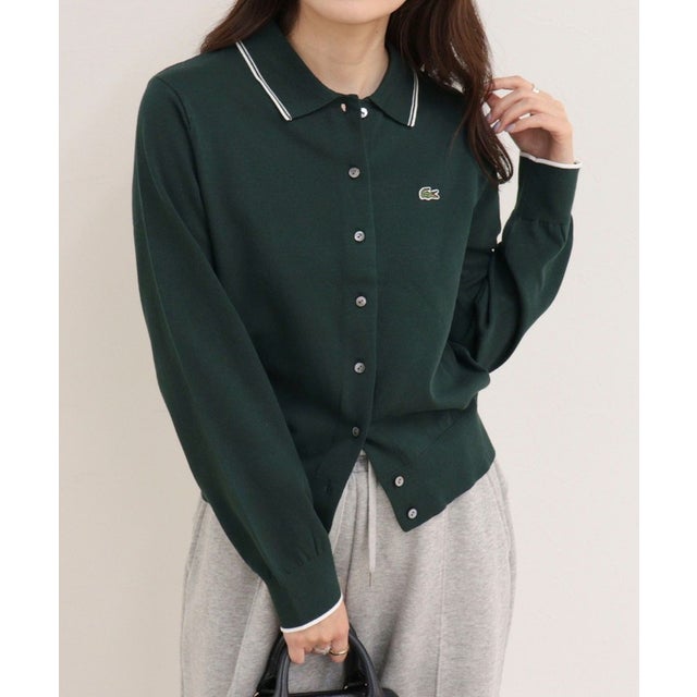 【LACOSTE】ラインディテールニットポロカーディガン （グリーン）