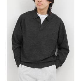 変形カノコ長袖スキッパーニットポロ （チャコールグレー）