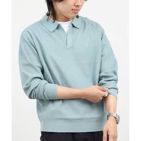 変形カノコ長袖スキッパーニットポロ （サックス）
