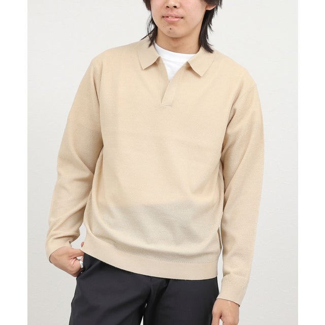 変形カノコ長袖スキッパーニットポロ （ベージュ）