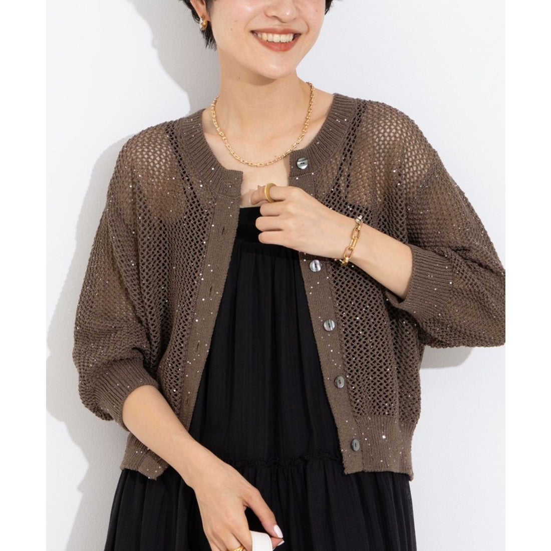 ノーリーズ NOLLEY'S 《手洗い可能》スパンコールメッシュ5分袖