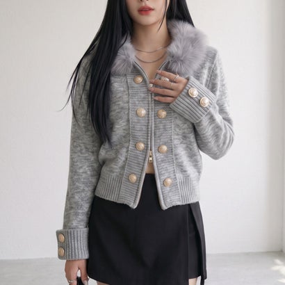 ボタンファーカーディガン （グレー）｜詳細画像