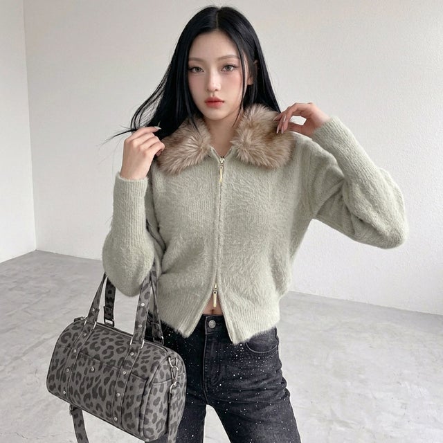 ファーZIPショートカーディガン （ライトグレー）