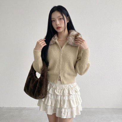 ノンヘッジ non-hedge ファーZIPショートカーディガン （ベージュ）｜詳細画像