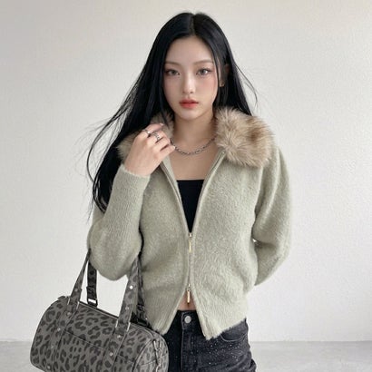 ノンヘッジ non-hedge ファーZIPショートカーディガン （ベージュ）｜詳細画像